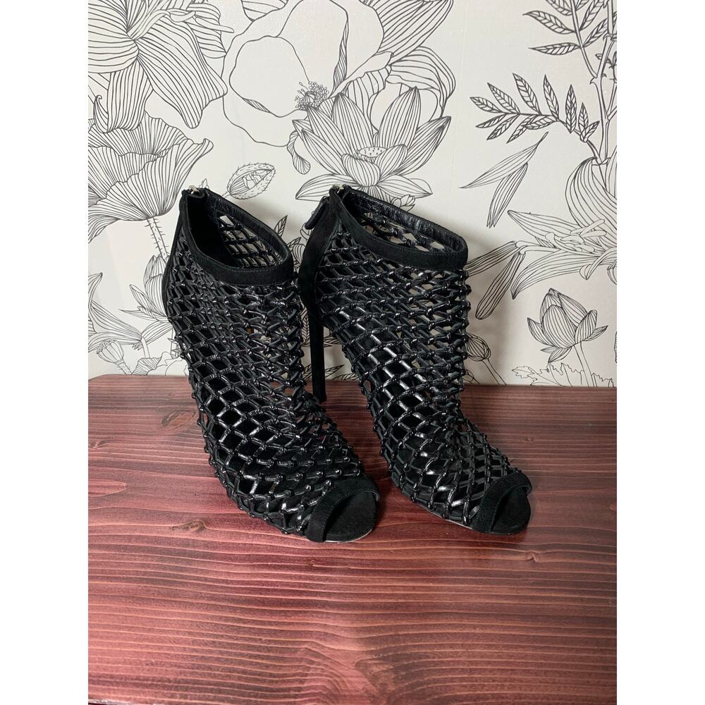 Womens GUCCI BLACK LEATHER & SUEDE CAGE STILETTO BOOTIES Size 38 1/2 EUC!